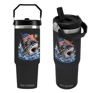 Patriotic Skeleton Pirate Riding Shark Flip Straw Tumbler American Ocean Pride