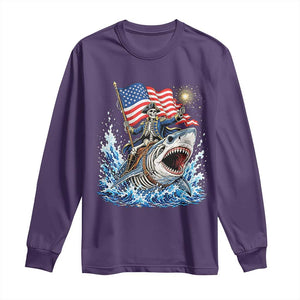 Patriotic Skeleton Pirate Riding Shark Long Sleeve Shirt American Ocean Pride