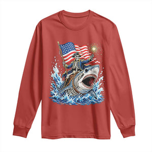 Patriotic Skeleton Pirate Riding Shark Long Sleeve Shirt American Ocean Pride