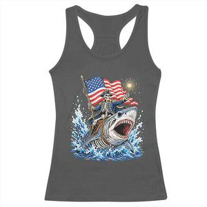 Patriotic Skeleton Pirate Riding Shark Racerback Tank Top American Ocean Pride