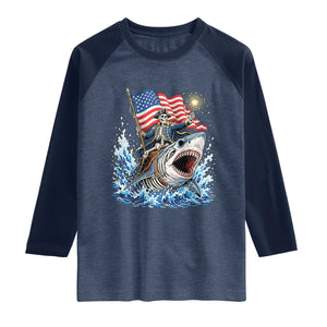 Patriotic Skeleton Pirate Riding Shark Raglan Shirt American Ocean Pride