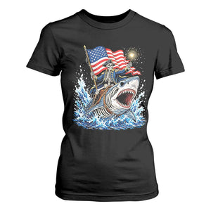Patriotic Skeleton Pirate Riding Shark T Shirt For Women American Ocean Pride