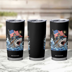 Patriotic Skeleton Pirate Riding Shark Tumbler Cup American Ocean Pride