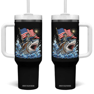 Patriotic Skeleton Pirate Riding Shark Tumbler With Handle American Ocean Pride