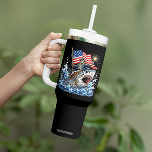 Patriotic Skeleton Pirate Riding Shark Tumbler With Handle American Ocean Pride