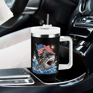 Patriotic Skeleton Pirate Riding Shark Tumbler With Handle American Ocean Pride
