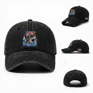 Patriotic Skeleton Pirate Riding Shark Washed Cotton Baseball Cap American Ocean Pride