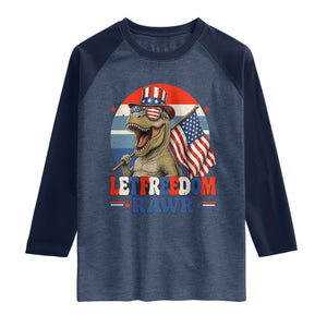 Red White Blue Dinosaur Pride Raglan Shirt Let Freedom Rawr TS12 Heather Denim Navy Print Your Wear