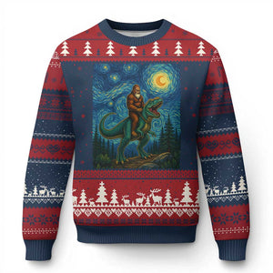 Bigfoot Dinosaur Ugly Christmas Sweater Funny Prehistoric Starry Night Van Gogh TS12 Navy Red Print Your Wear