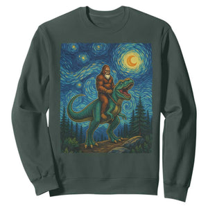 Bigfoot Dinosaur Sweatshirt Funny Prehistoric Starry Night Van Gogh TS12 Dark Forest Green Print Your Wear
