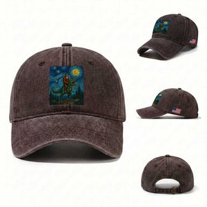 Bigfoot Dinosaur Washed Cotton Baseball Cap Funny Prehistoric Starry Night Van Gogh TS12 Washed Cap Universal Fit Dark Brown Print Your Wear