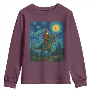 Bigfoot Dinosaur Youth Sweatshirt Funny Prehistoric Starry Night Van Gogh TS12 Maroon Print Your Wear