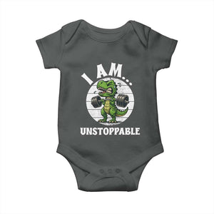 I Am Unstoppable Baby Onesie Funny Weightlifting Dinosaur Gym TS12 Dark Heather Print Your Wear