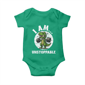 I Am Unstoppable Baby Onesie Funny Weightlifting Dinosaur Gym TS12 Irish Green Print Your Wear