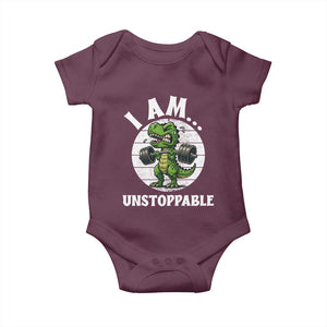 I Am Unstoppable Baby Onesie Funny Weightlifting Dinosaur Gym TS12 Maroon Print Your Wear