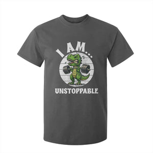 I Am Unstoppable T Shirt For Kid Funny Weightlifting Dinosaur Gym TS12 Dark Heather Print Your Wear