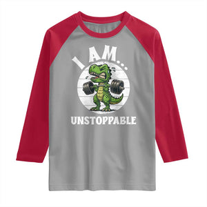 I Am Unstoppable Raglan Shirt Funny Weightlifting Dinosaur Gym TS12 Sport Gray Red Print Your Wear