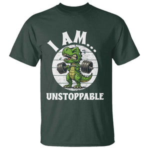 I Am Unstoppable T Shirt Funny Weightlifting Dinosaur Gym TS12 Dark Forest Green Print Your Wear
