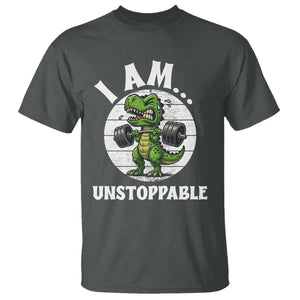 I Am Unstoppable T Shirt Funny Weightlifting Dinosaur Gym TS12 Dark Heather Print Your Wear