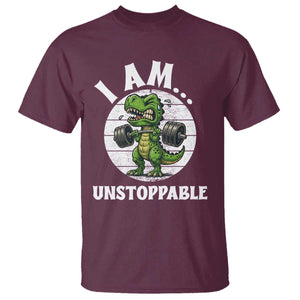 I Am Unstoppable T Shirt Funny Weightlifting Dinosaur Gym TS12 Maroon Print Your Wear