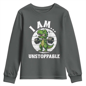 I Am Unstoppable Youth Sweatshirt Funny Weightlifting Dinosaur Gym TS12 Dark Heather Print Your Wear