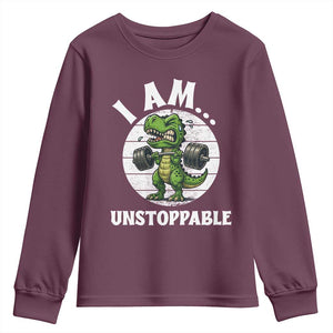 I Am Unstoppable Youth Sweatshirt Funny Weightlifting Dinosaur Gym TS12 Maroon Print Your Wear