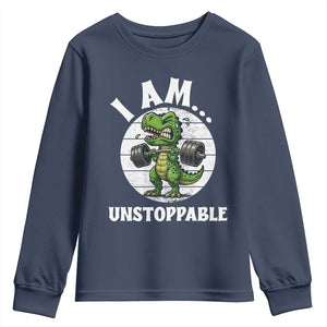 I Am Unstoppable Youth Sweatshirt Funny Weightlifting Dinosaur Gym TS12 Navy Print Your Wear