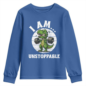 I Am Unstoppable Youth Sweatshirt Funny Weightlifting Dinosaur Gym TS12 Royal Blue Print Your Wear