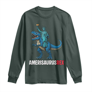 Patriotic Dinosaur Long Sleeve Shirt Funny Amerisaurus Rex Statue Of Liberty Dino TS12 Dark Forest Green Print Your Wear