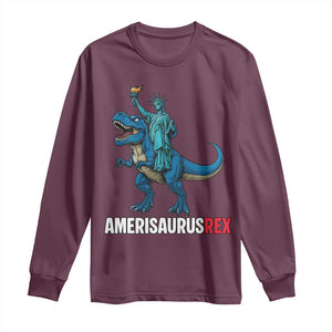 Patriotic Dinosaur Long Sleeve Shirt Funny Amerisaurus Rex Statue Of Liberty Dino TS12 Maroon Print Your Wear