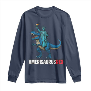 Patriotic Dinosaur Long Sleeve Shirt Funny Amerisaurus Rex Statue Of Liberty Dino TS12 Navy Print Your Wear