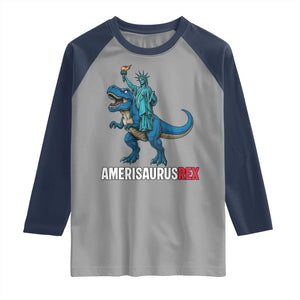 Patriotic Dinosaur Raglan Shirt Funny Amerisaurus Rex Statue Of Liberty Dino TS12 Sport Gray Navy Print Your Wear