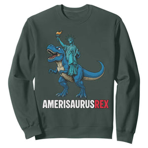 Patriotic Dinosaur Sweatshirt Funny Amerisaurus Rex Statue Of Liberty Dino TS12 Dark Forest Green Print Your Wear