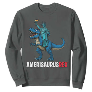 Patriotic Dinosaur Sweatshirt Funny Amerisaurus Rex Statue Of Liberty Dino TS12 Dark Heather Print Your Wear