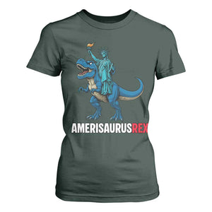 Patriotic Dinosaur T Shirt For Women Funny Amerisaurus Rex Statue Of Liberty Dino TS12 Dark Forest Green Print Your Wear