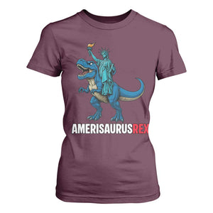 Patriotic Dinosaur T Shirt For Women Funny Amerisaurus Rex Statue Of Liberty Dino TS12 Maroon Print Your Wear