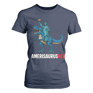 Patriotic Dinosaur T Shirt For Women Funny Amerisaurus Rex Statue Of Liberty Dino TS12 Navy Print Your Wear