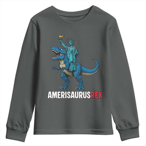 Patriotic Dinosaur Youth Sweatshirt Funny Amerisaurus Rex Statue Of Liberty Dino TS12 Dark Heather Print Your Wear