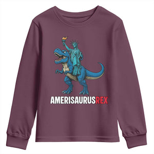 Patriotic Dinosaur Youth Sweatshirt Funny Amerisaurus Rex Statue Of Liberty Dino TS12 Maroon Print Your Wear