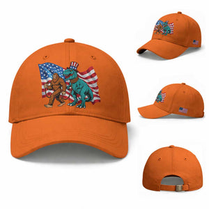 Funny Patriotic Baseball Cap Bigfoot Walking Dinosaur With USA Flag TS12 Baseball Cap Universal Fit Orange Print Your Wear
