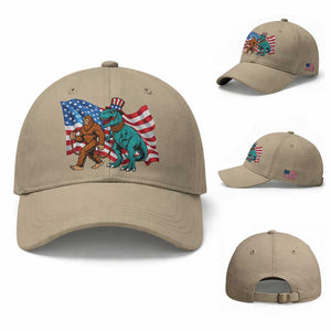 Funny Patriotic Baseball Cap Bigfoot Walking Dinosaur With USA Flag TS12 Baseball Cap Universal Fit Khaki Print Your Wear