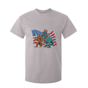Funny Patriotic T Shirt For Kid Bigfoot Walking Dinosaur With USA Flag TS12 Ice Gray Print Your Wear