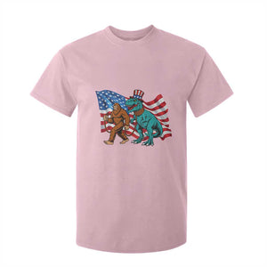 Funny Patriotic T Shirt For Kid Bigfoot Walking Dinosaur With USA Flag TS12 Light Pink Print Your Wear