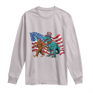 Funny Patriotic Long Sleeve Shirt Bigfoot Walking Dinosaur With USA Flag TS12 Ice Gray Print Your Wear