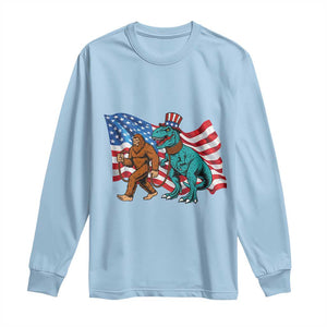Funny Patriotic Long Sleeve Shirt Bigfoot Walking Dinosaur With USA Flag TS12 Light Blue Print Your Wear
