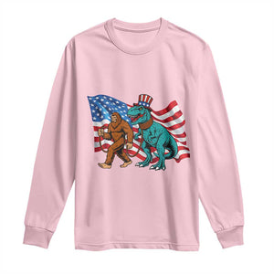 Funny Patriotic Long Sleeve Shirt Bigfoot Walking Dinosaur With USA Flag TS12 Light Pink Print Your Wear