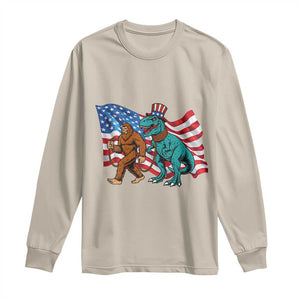 Funny Patriotic Long Sleeve Shirt Bigfoot Walking Dinosaur With USA Flag TS12 Sand Print Your Wear