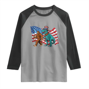 Funny Patriotic Raglan Shirt Bigfoot Walking Dinosaur With USA Flag TS12 Sport Gray Black Print Your Wear