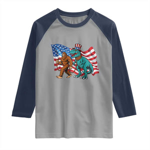 Funny Patriotic Raglan Shirt Bigfoot Walking Dinosaur With USA Flag TS12 Sport Gray Navy Print Your Wear