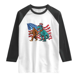 Funny Patriotic Raglan Shirt Bigfoot Walking Dinosaur With USA Flag TS12 White Black Print Your Wear